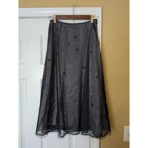 Vintage Express Sheer Black Mesh Midi Skirt Star Embroidered Y2K Fairy Grunge
